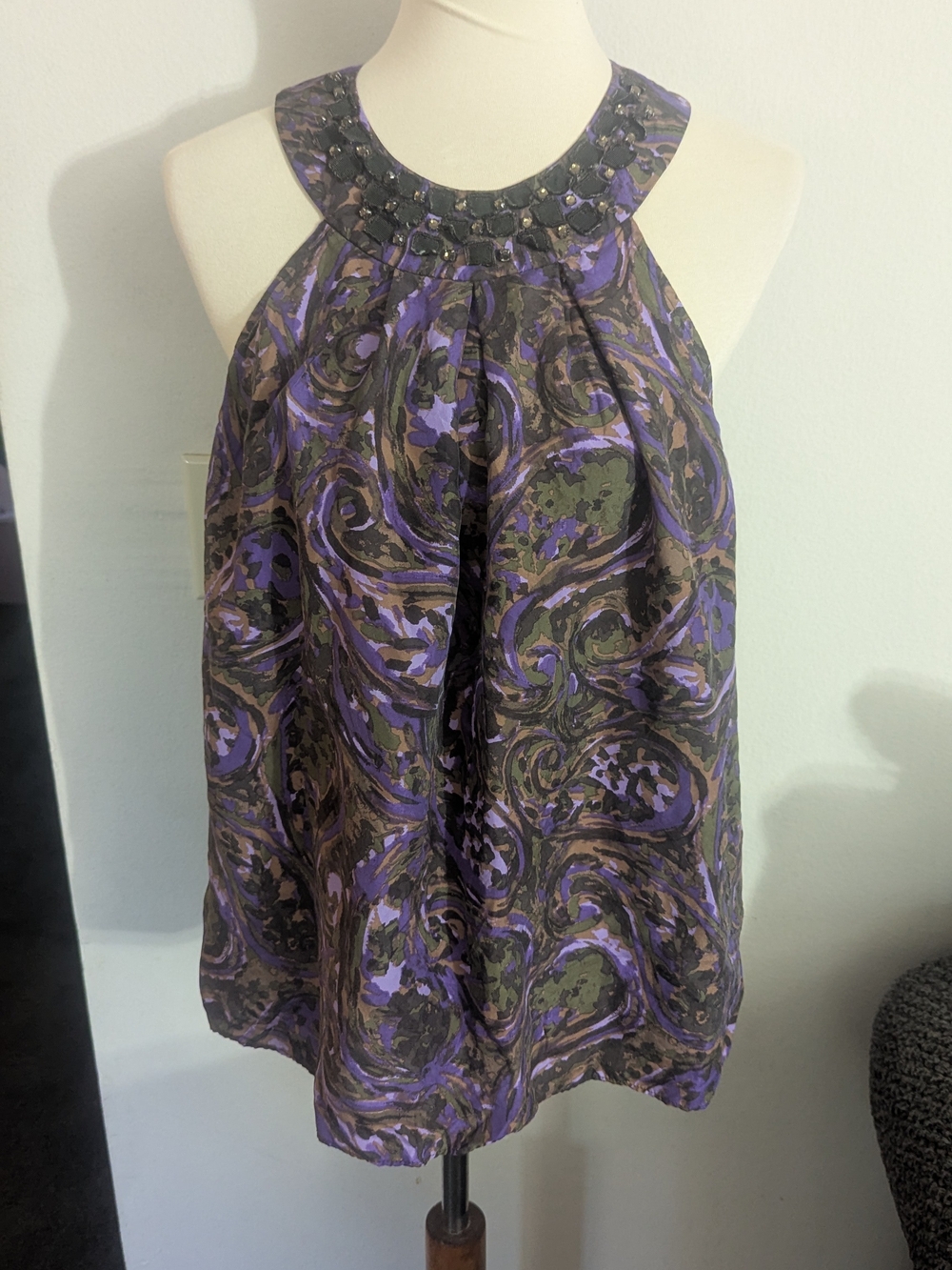 Michael Kors Studded Embellished High-Neck Paisley Tank in Purple & Brown Size12